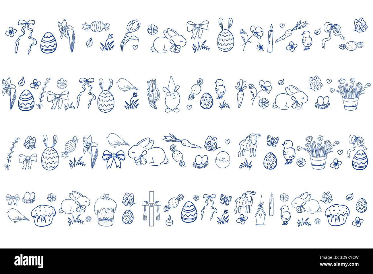 Easter border set horizontal design with bunnies, flowers, easter eggs spring elements, seamless background, stencil decoration. . Vector illustration Stock Vector