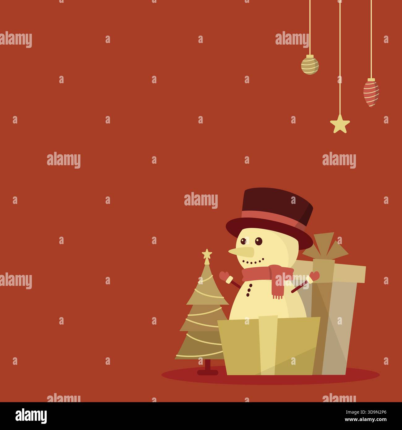 Christmas flat illustration background with copy space for text featuring a cute snowman inside a gift box wearing a top hat. Stock Vector