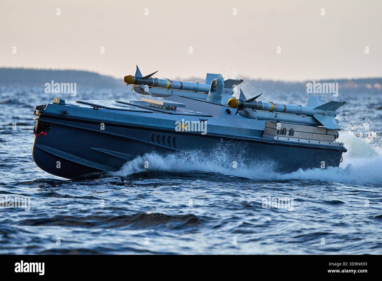 A sea drone Magura V7 of Ukraine's Defence Intelligence equipped with surface-to-air missiles rides in an undisclosed location in Ukraine, Saturday, Dec. 6, 2025. (AP Photo/Efrem Lukatsky) Stock Photo