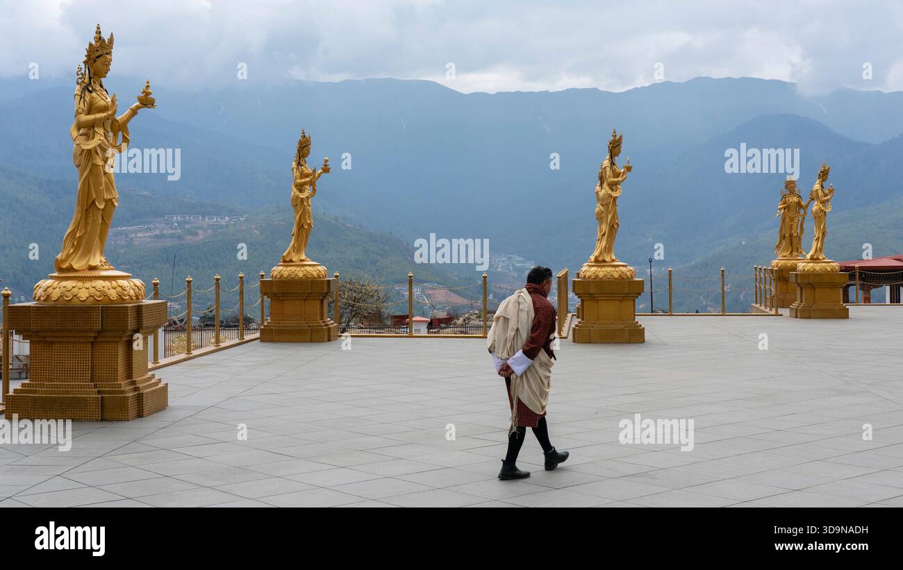 Golden statues of Buddhist female gods at Buddha Dordenma statue, Thimphu, Bhutan. Stock Photo