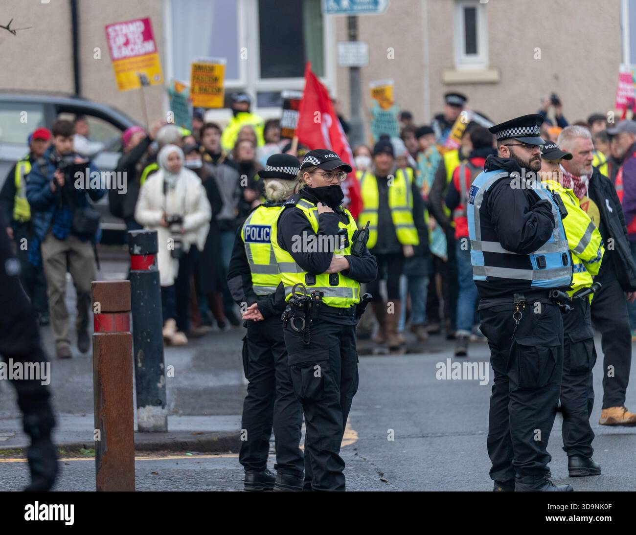 Protest In Falkirk Falkirk Scotland, UK. 6th December 2025. Anti migrant protesters gather ...