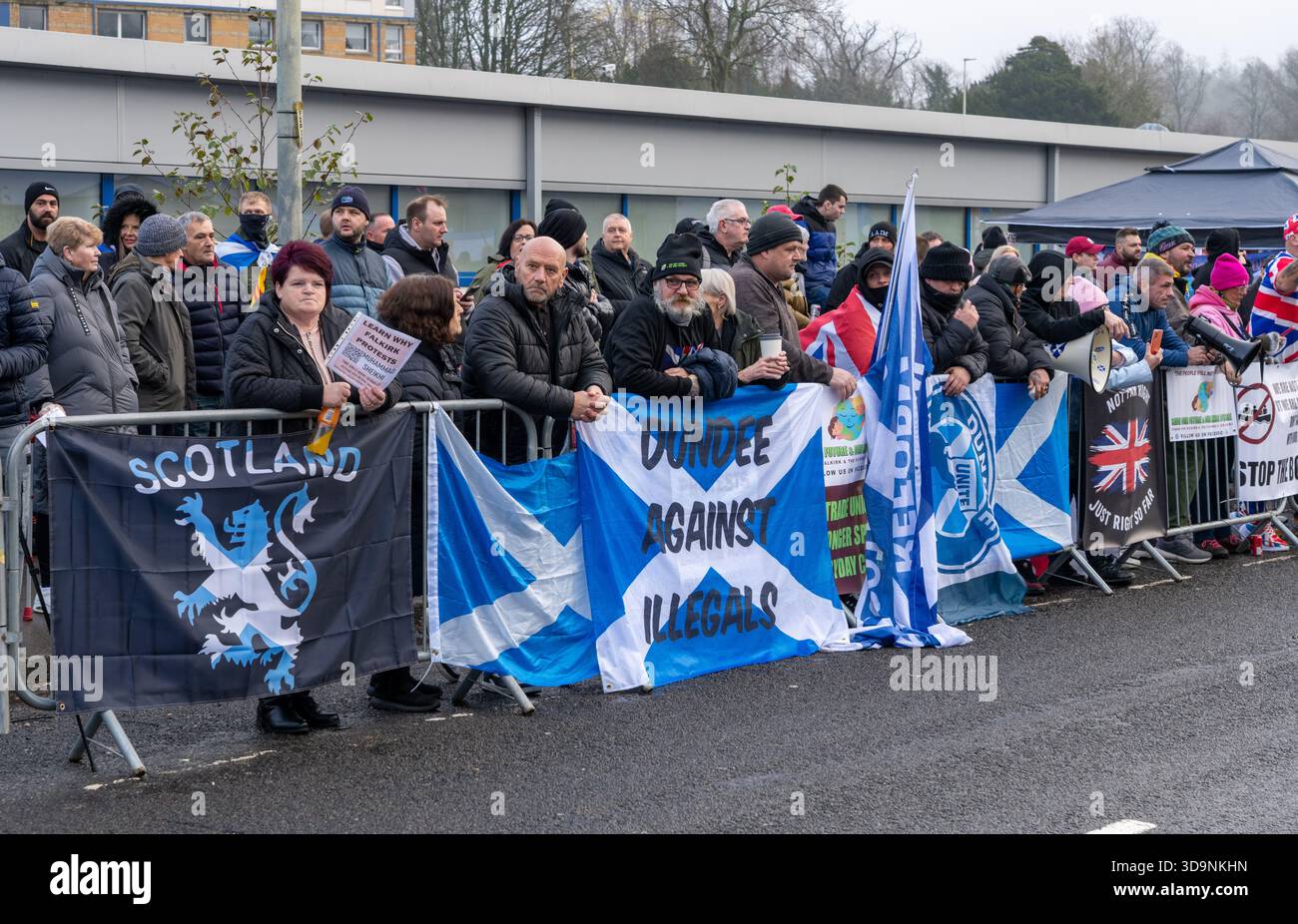 Protest In Falkirk Falkirk Scotland, UK. 6th December 2025. Anti migrant protesters gather ...