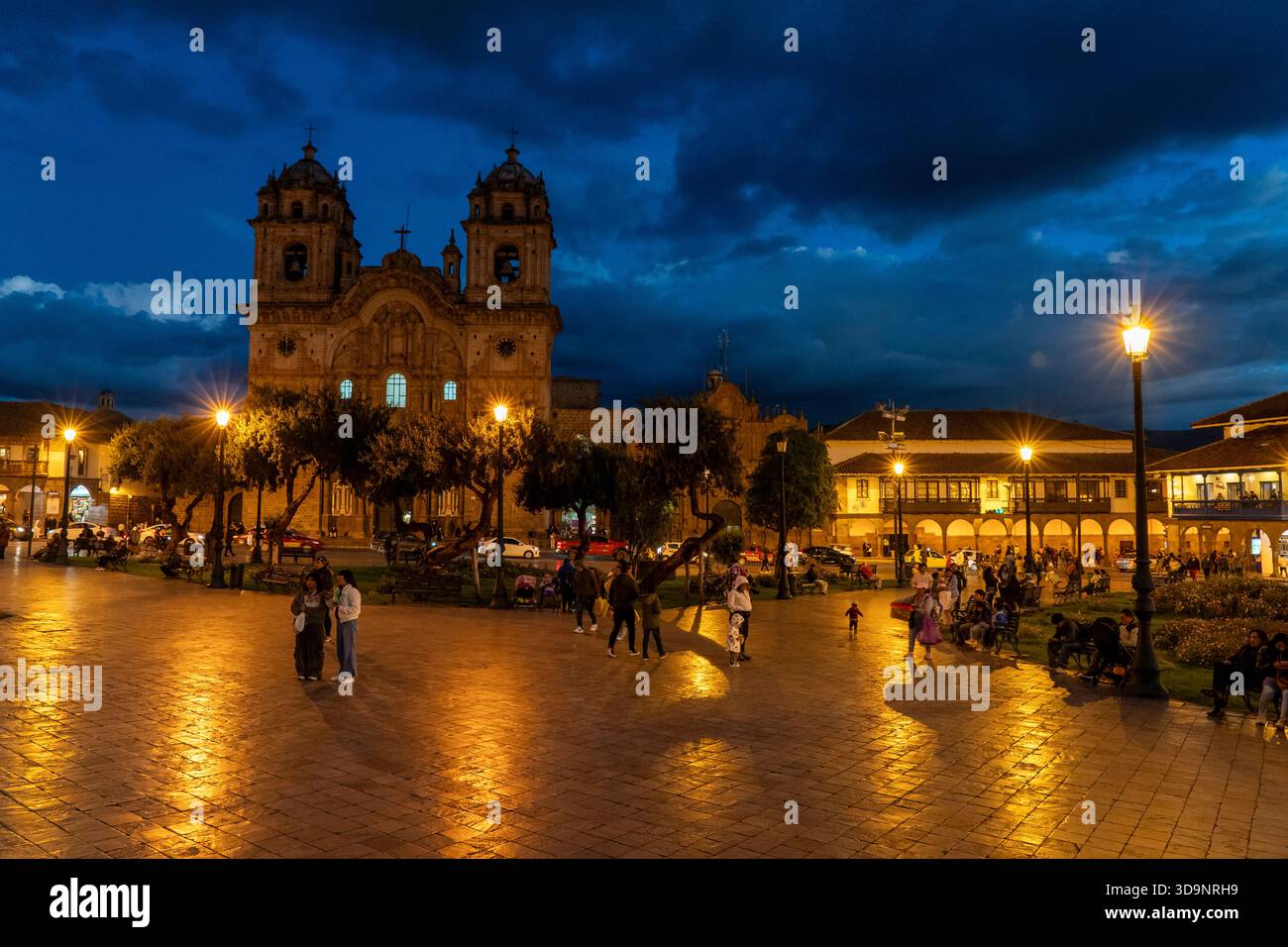Church of the Society of Jesús in Plaza de Armas at dusk, Cusco, Peru. Stock Photo