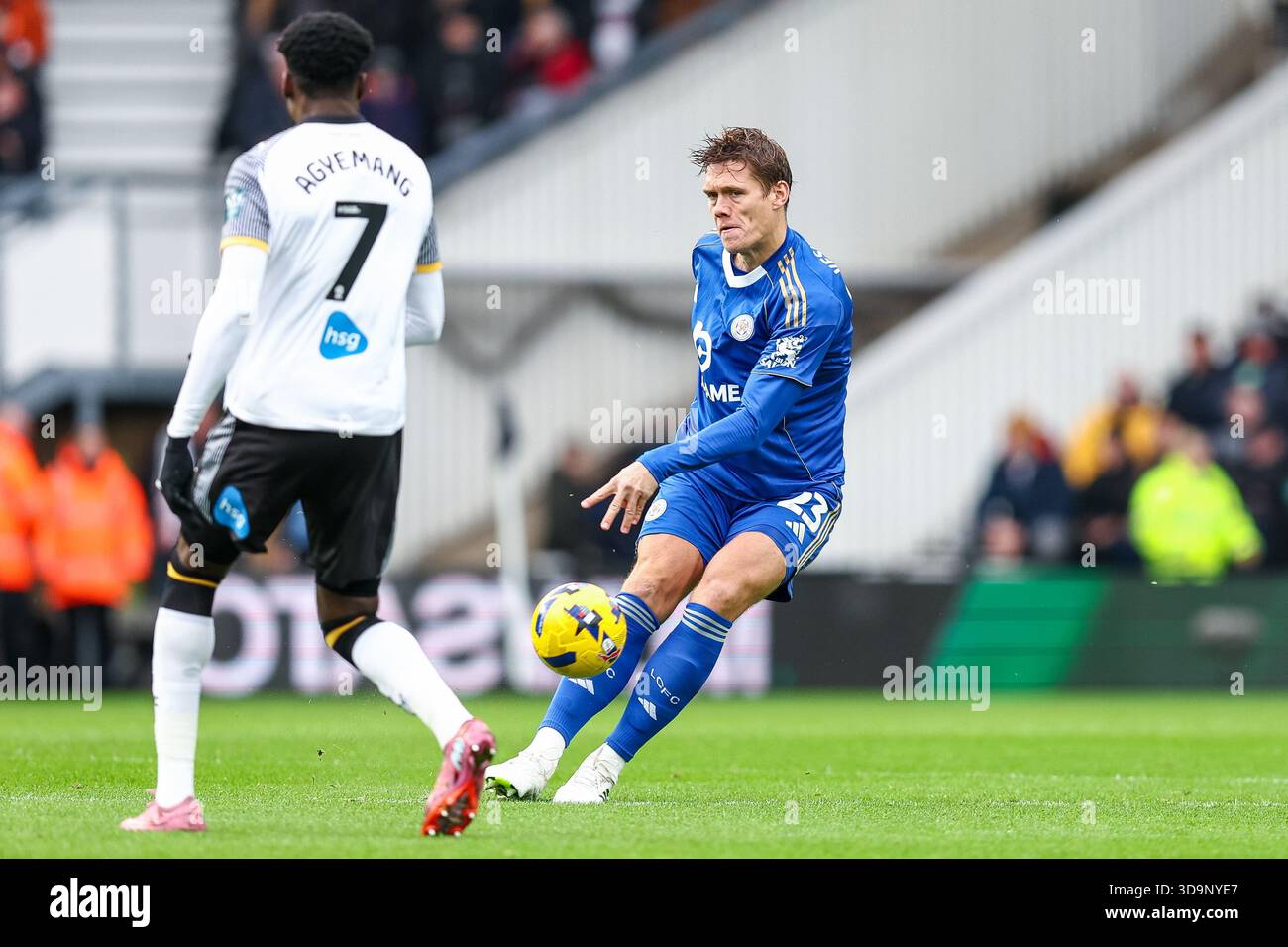 Vestergaard 23, Jannik Vestergaard of Leicester City fires the ball forward during ...