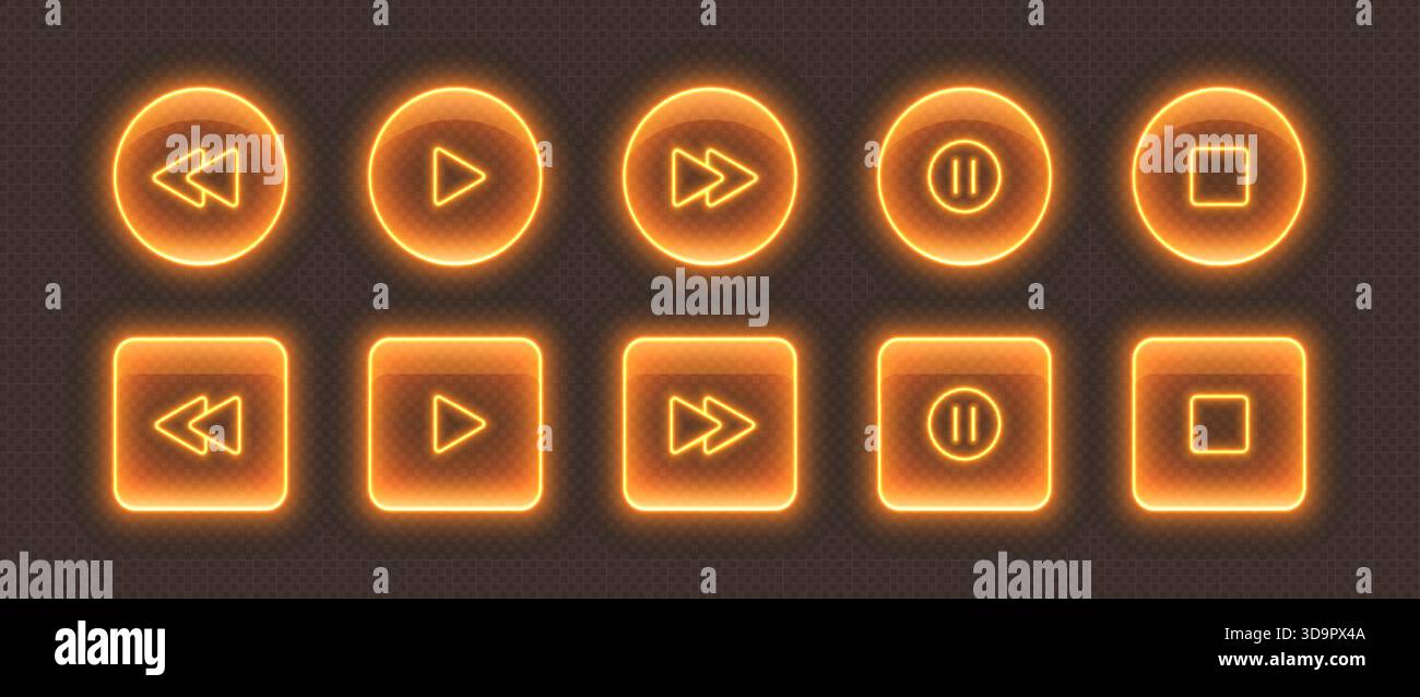 Neon media player buttons. Orange glowing glossy audio control icons. Interface elements Stock Vector