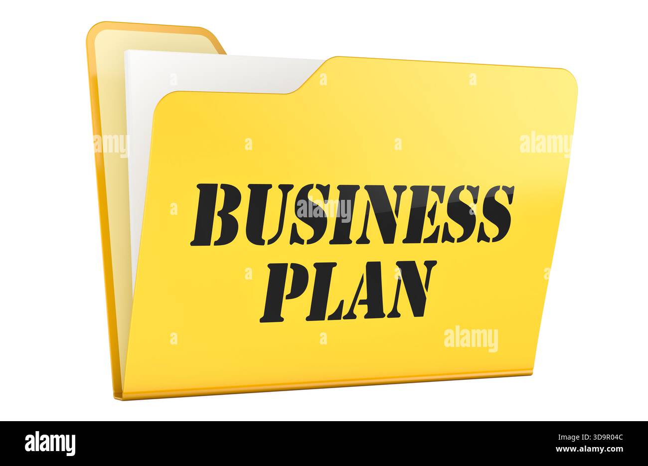 Business plan, yellow folder document file. 3D rendering isolated on white background Stock Photo