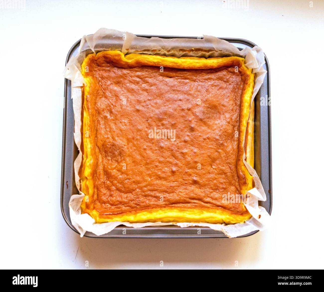Baked New York style cheesecake in baking tray Stock Photo
