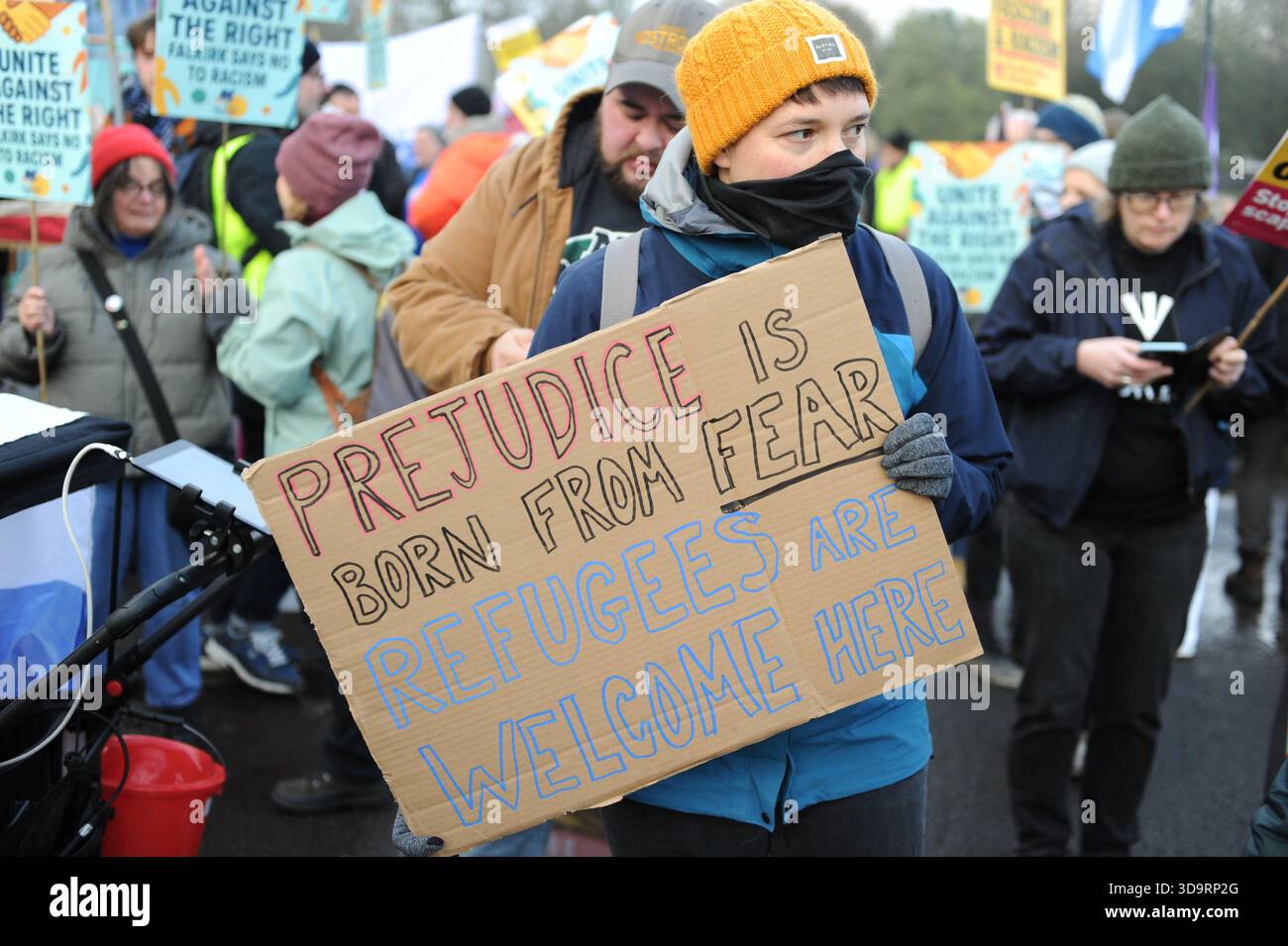 Protest In Falkirk FALKIRK, SCOTLAND: December 6, 2025 - Protester is seen holding placard ...