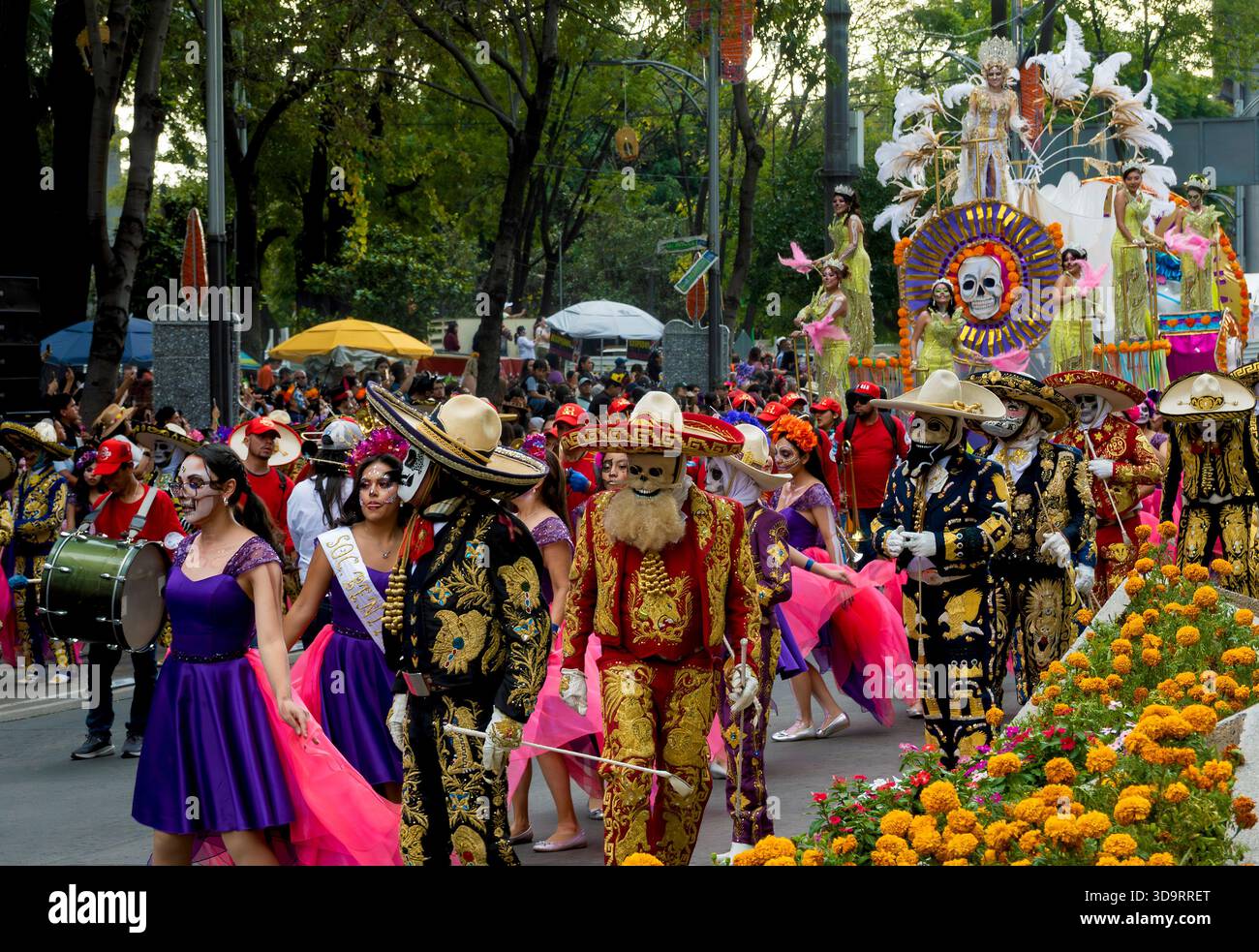 People  in Day of the Dead costume and facepaint parade in Mexico City, Mexico Stock Photo