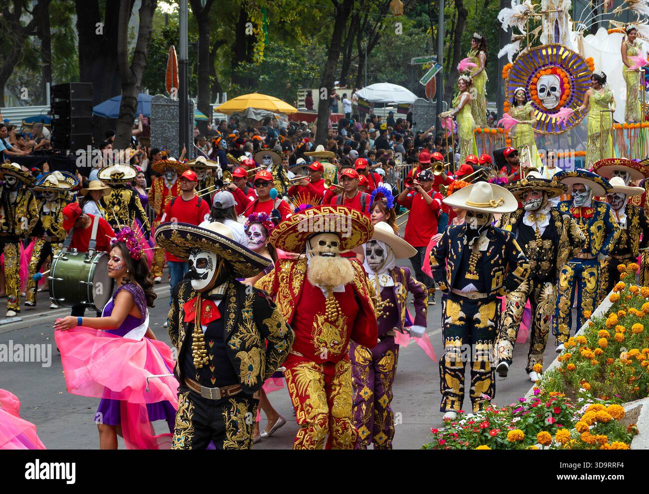 People  in Day of the Dead costume and facepaint parade in Mexico City, Mexico Stock Photo