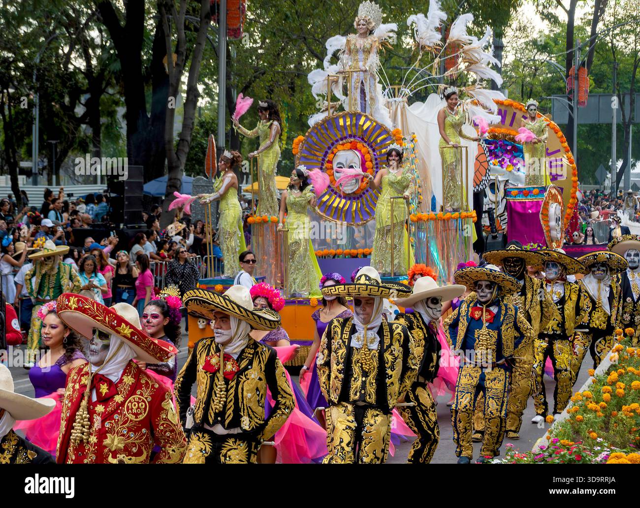 People  in Day of the Dead costume and facepaint parade in Mexico City, Mexico Stock Photo