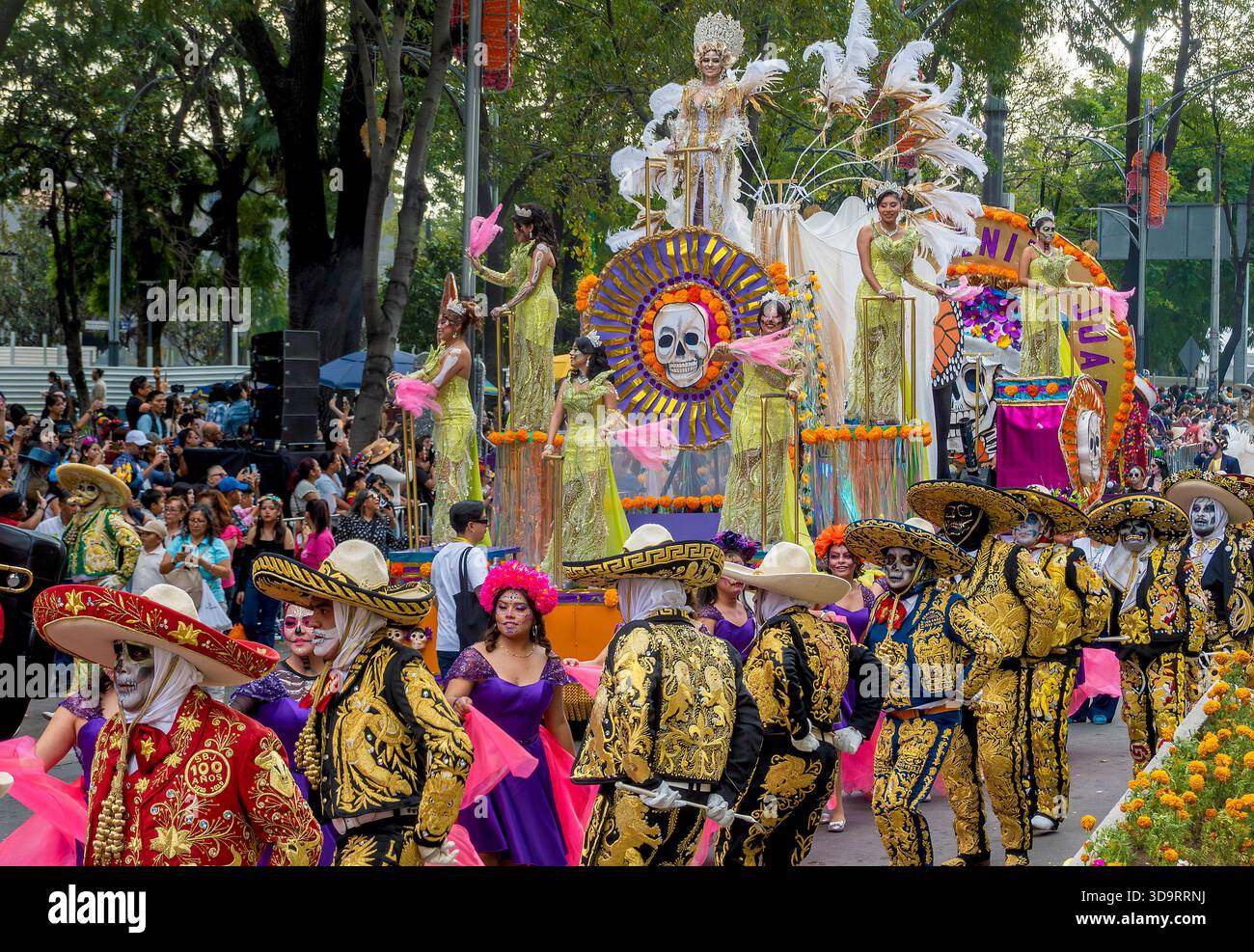 People  in Day of the Dead costume and facepaint parade in Mexico City, Mexico Stock Photo