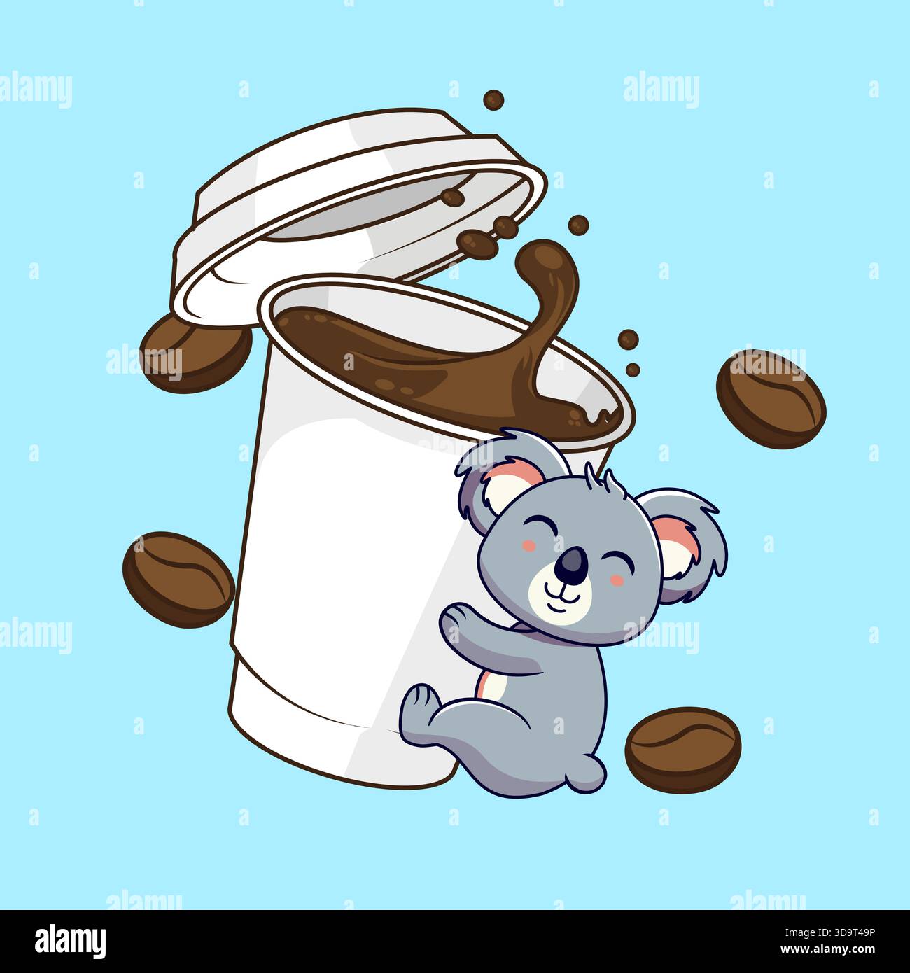 Cute Koala Hugging a Giant Coffee Cup with Splashing Beans Vector ...