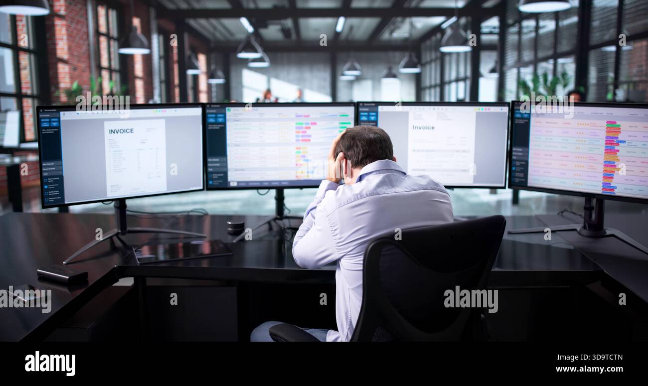 Stressed Accountant Feeling Frustrated While Working On Multiple Data Spreadsheets. Stock Photo