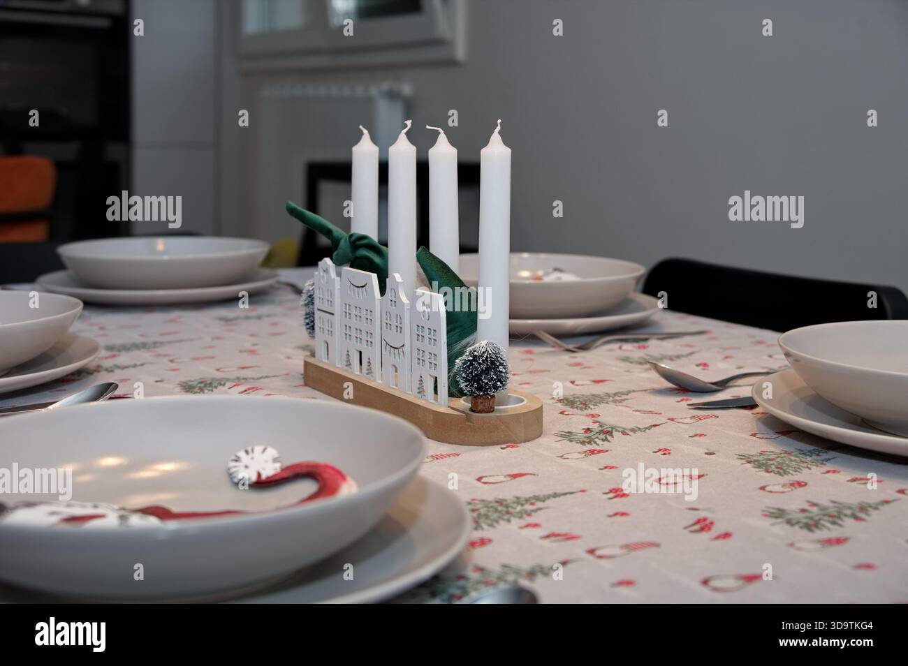Table decorated for Christmas dinner Stock Photo