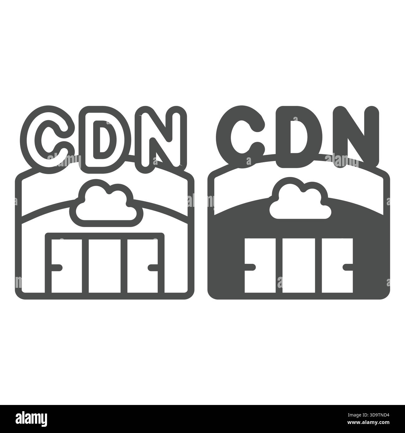 Hangar with cloud servers line and solid icon, neural dataset concept. Vector graphics. Data delivery network, cloud storage sign on white background, Stock Vector