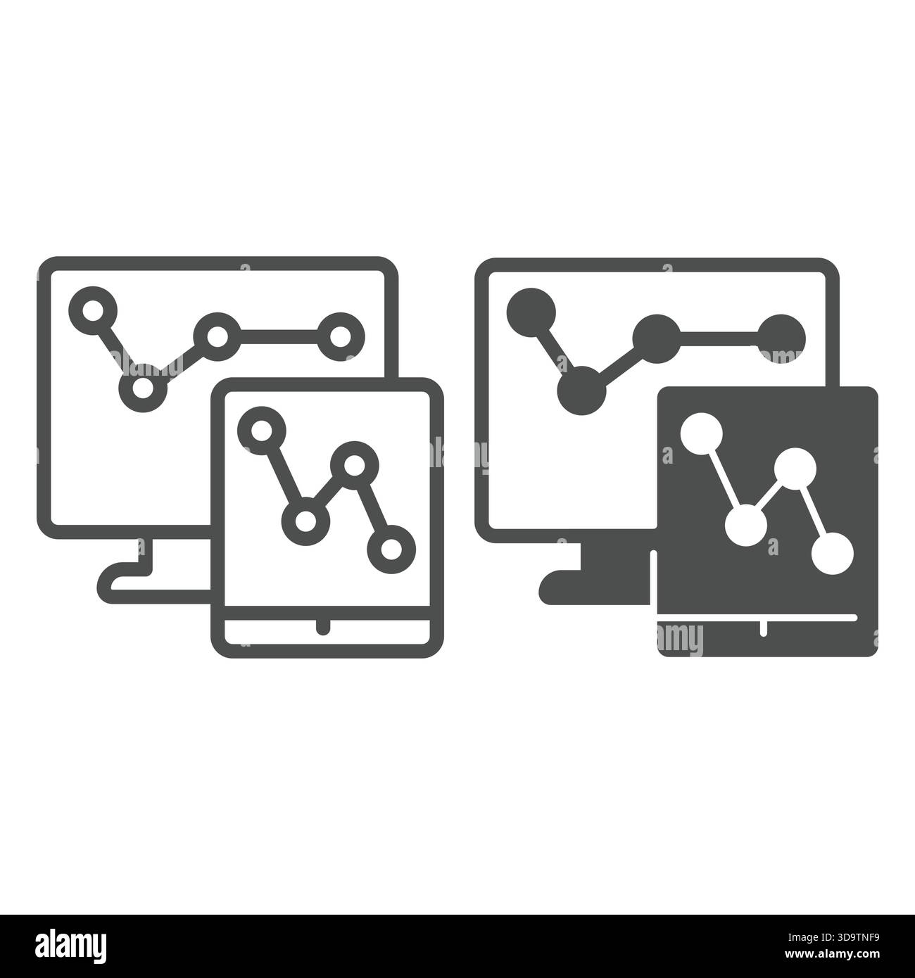Monitor and tablet screen with chart line and solid icon, neural dataset concept. Vector graphics. Displays with data graphs sign on white background, Stock Vector