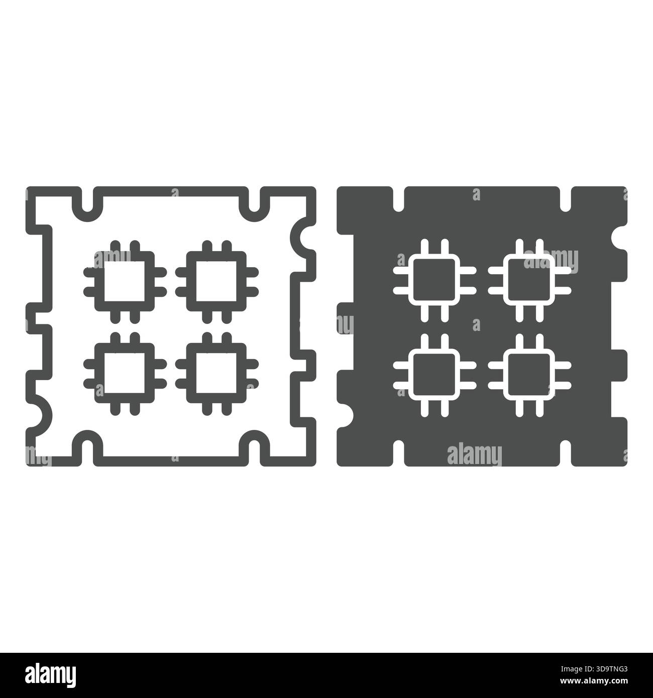 Processor chip with four threads line and solid icon, neural dataset concept. Vector graphics. Microchip for data training sign on white background, o Stock Vector