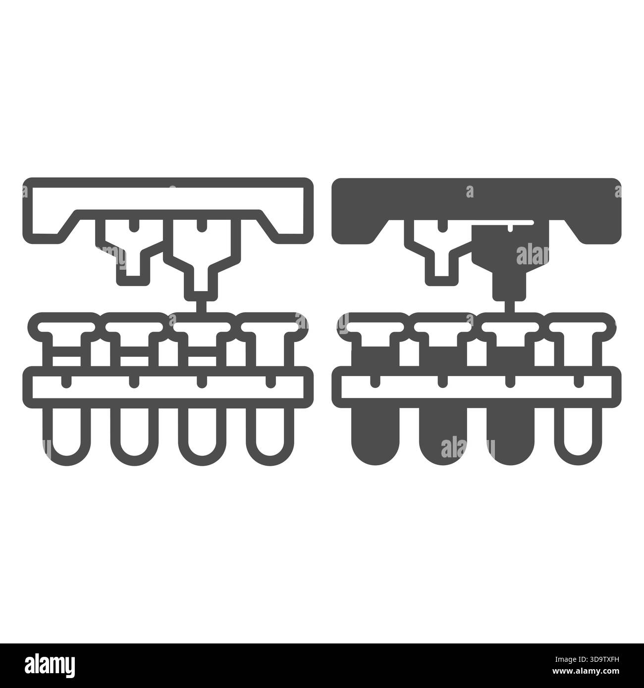 Laboratory flasks on conveyor and two liquid taps line and solid icon ...