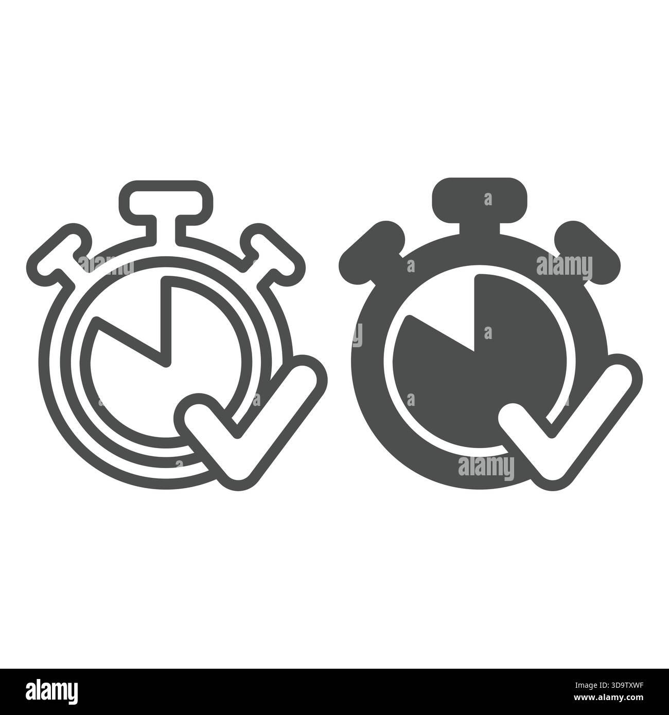 Stopwatch timer and checkmark line and solid icon, project schedule concept. Vector graphics. Clock with task complete success sign on white backgroun Stock Vector