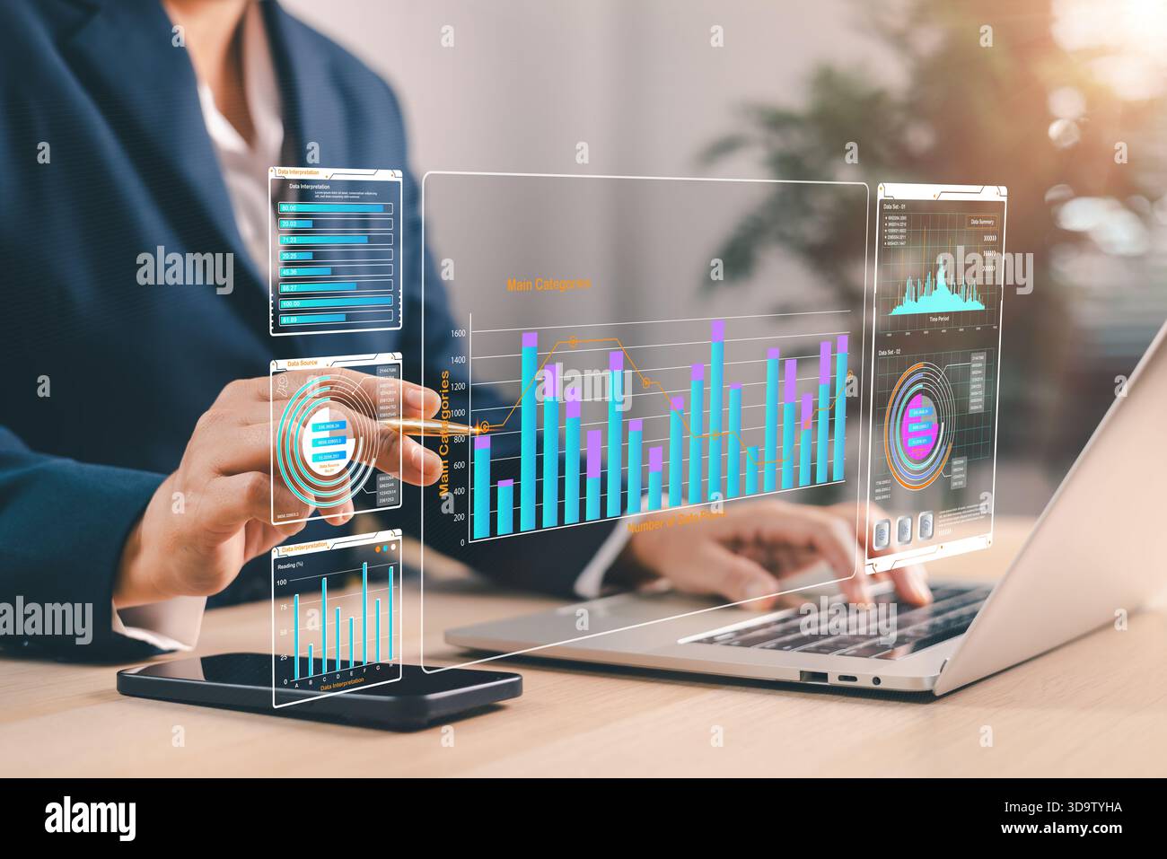 Business analyzing interactive digital dashboards data charts financial metrics performance analytics showcasing modern business intelligence big data Stock Photo