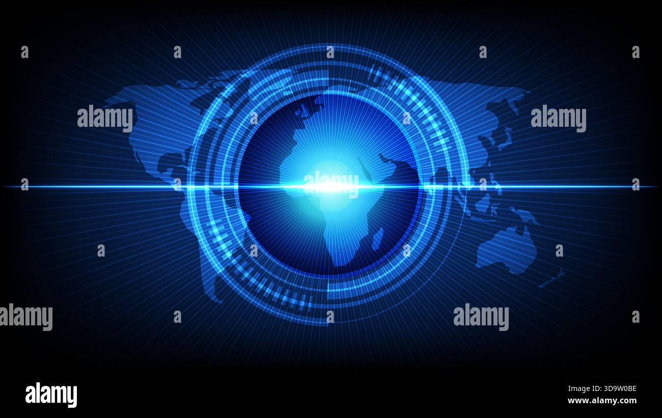 Futuristic digital globe with glowing blue light, global connections and tech interface elements on a dark background Stock Vector