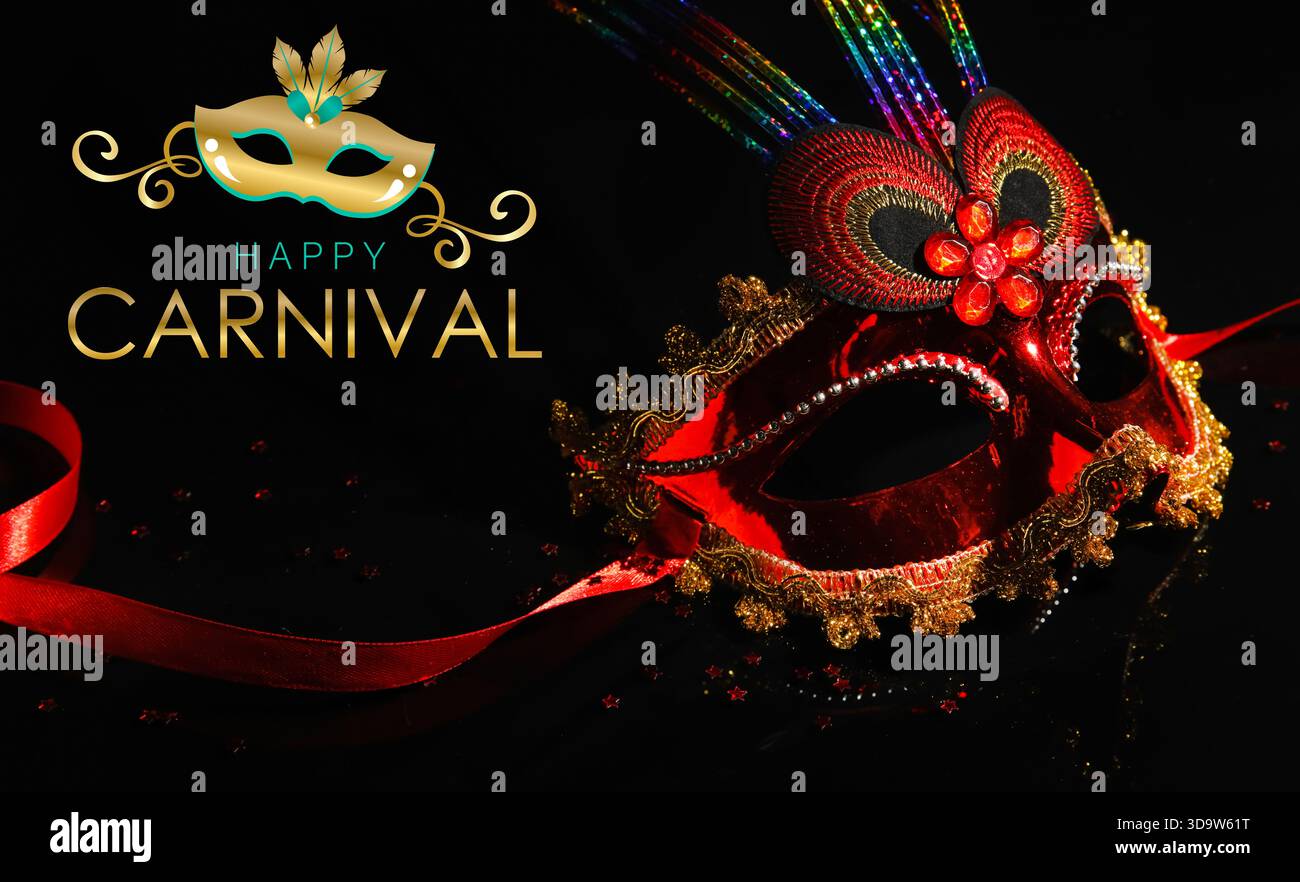 Banner with text HAPPY CARNIVAL and mask on dark background Stock Photo