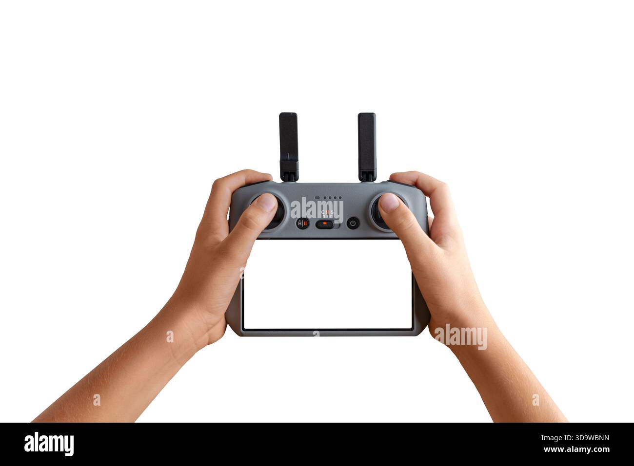 Hands holding a remote drone controller with empty screen, ideal for inserting custom UI, drone app mockups, or interface concepts Stock Photo