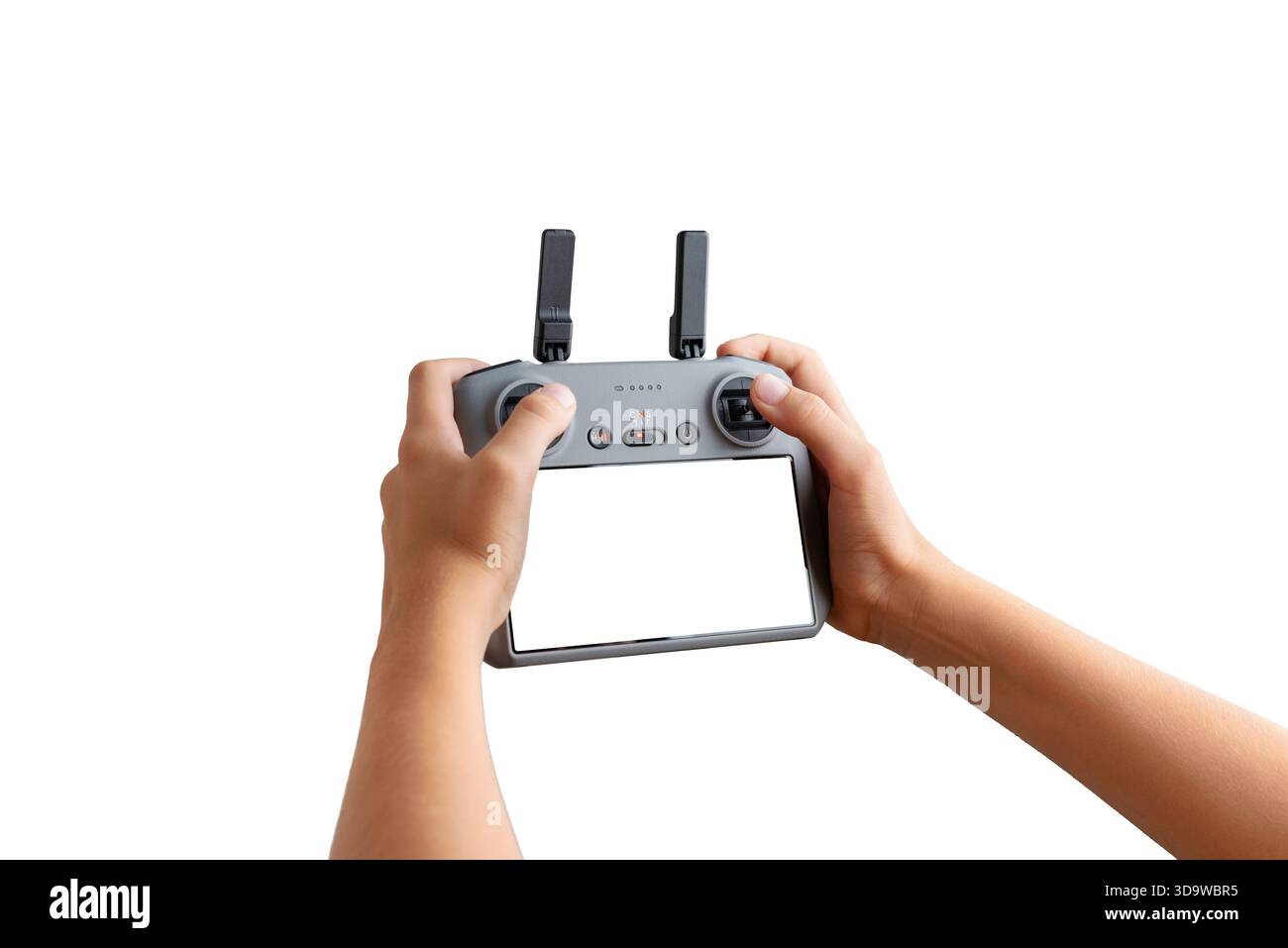 Hands holding an isolated drone controller with blank screen on white background, perfect for inserting custom UI or drone software previews Stock Photo
