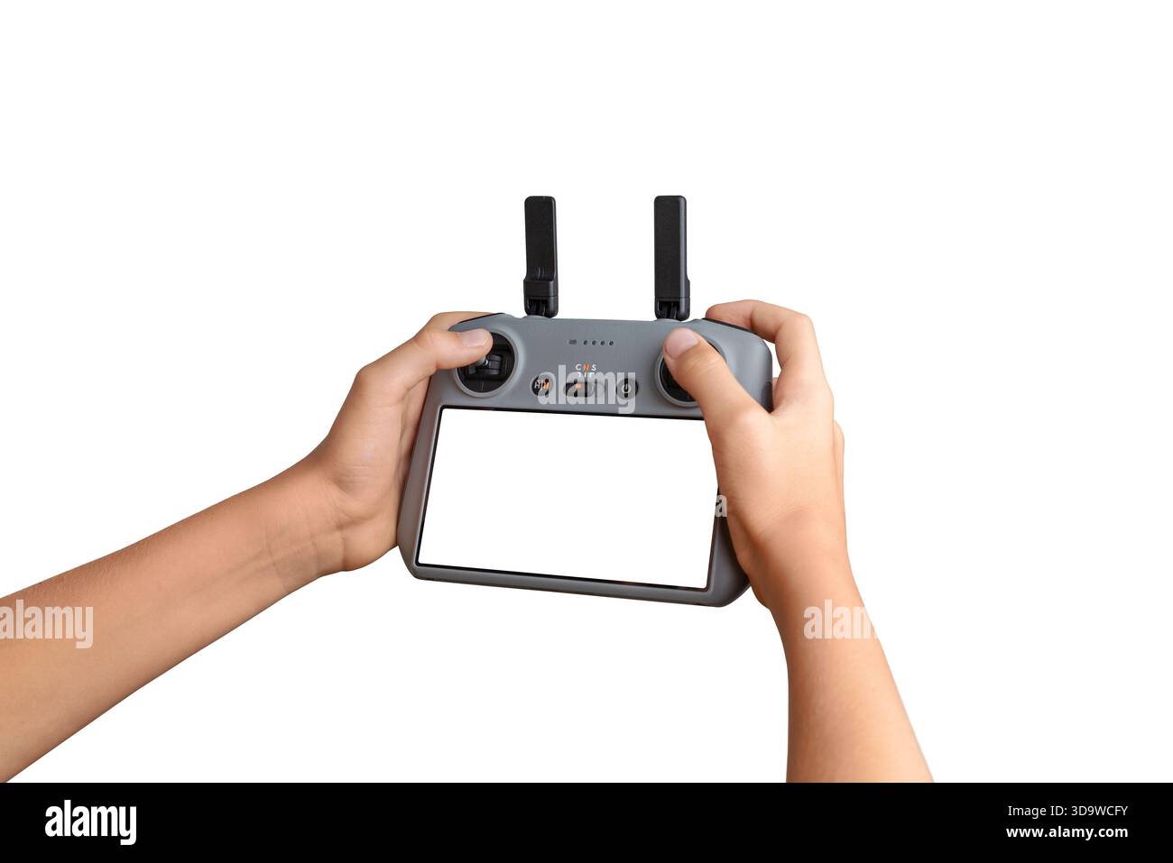 Hands holding a drone controller with empty screen, ideal for UI mockups, drone software previews, and technology product demonstrations Stock Photo