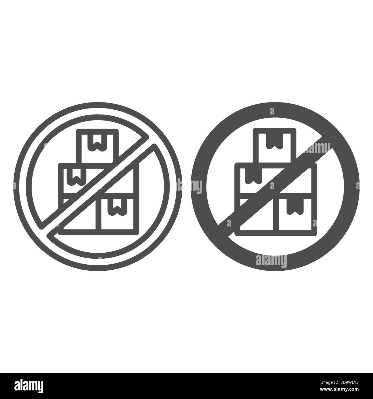 Cardboard boxes prohibited circle line and solid icon, data hoarding concept. Vector graphics. Boxes keeping forbidden, security sign on white backgro Stock Vector