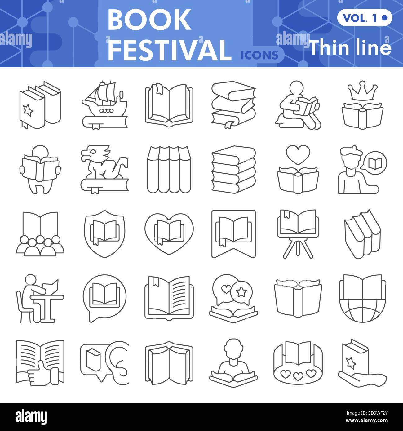 Book festival symbols collection or sketches, books theme in linear style signs for web and app. Vector graphics isolated on white background Stock Vector