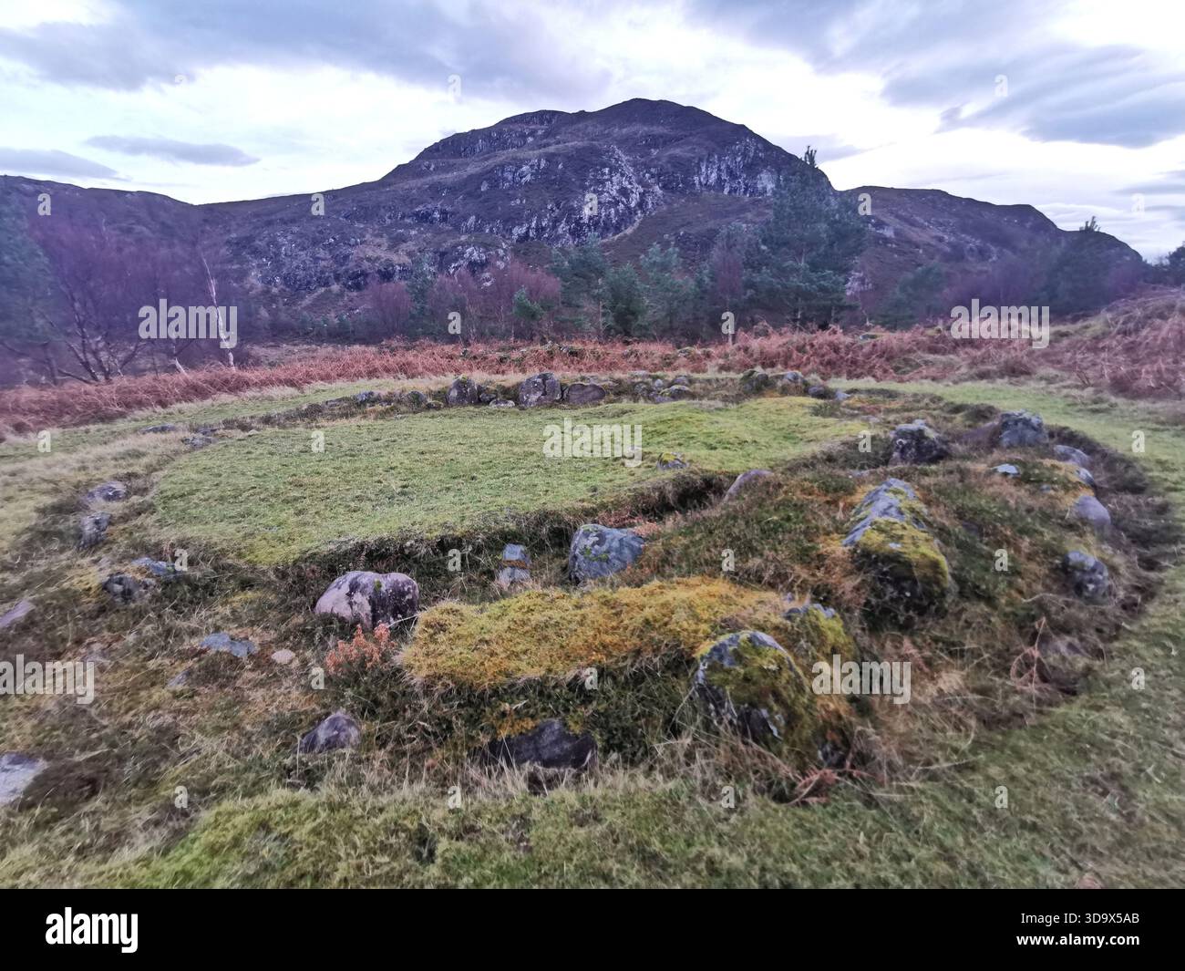 Achtercairn iron Age roundhouse remains at Gairloch, Scotland—historic archaeological site amid rugged Highland landscapes. - Smartphone Captured Stock Image