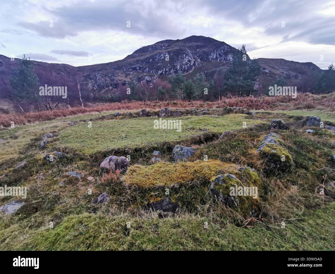 Achtercairn iron Age roundhouse remains at Gairloch, Scotland—historic archaeological site amid rugged Highland landscapes. - Smartphone Captured Stock Image