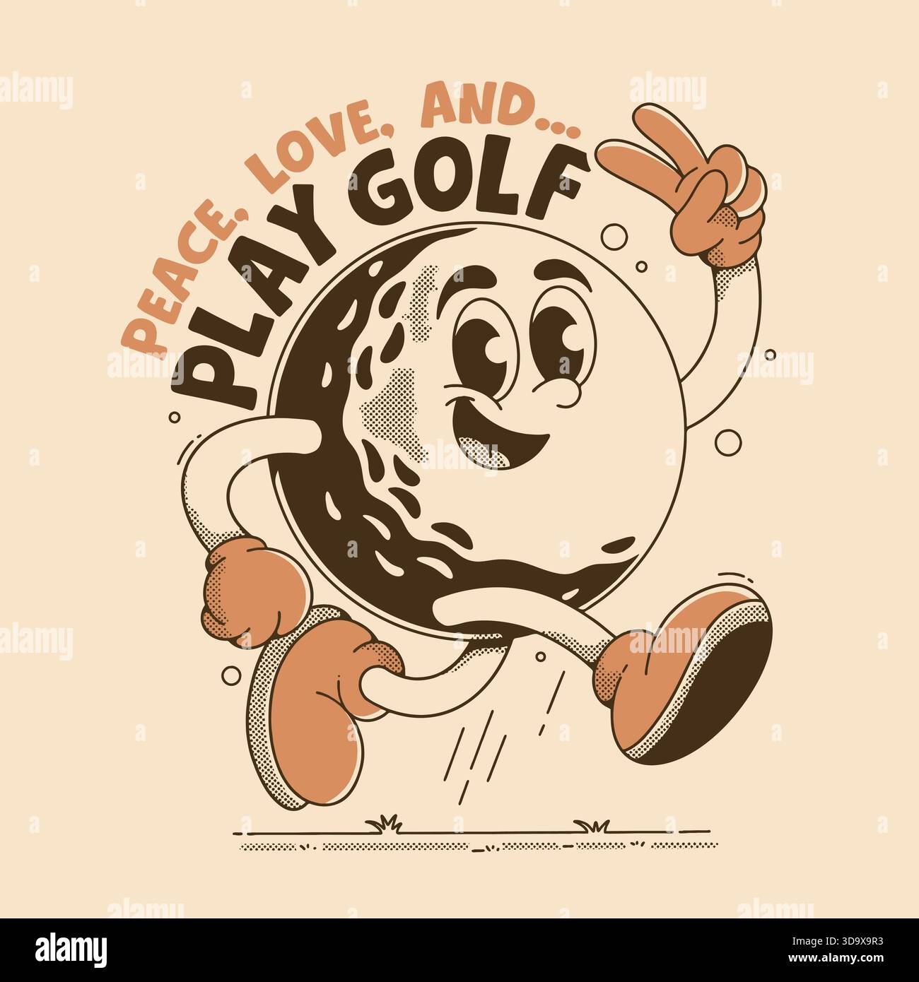 Retro style illustration of a smiling golf ball character with arms and legs, wearing gloves and sneakers, making a peace sign. Text reads Peace, Love - Stock Image