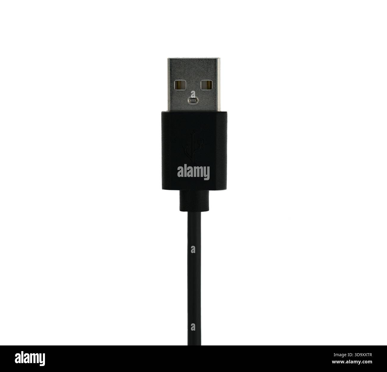A black USB cable with a white background. The cable is plugged into a computer Stock Photo