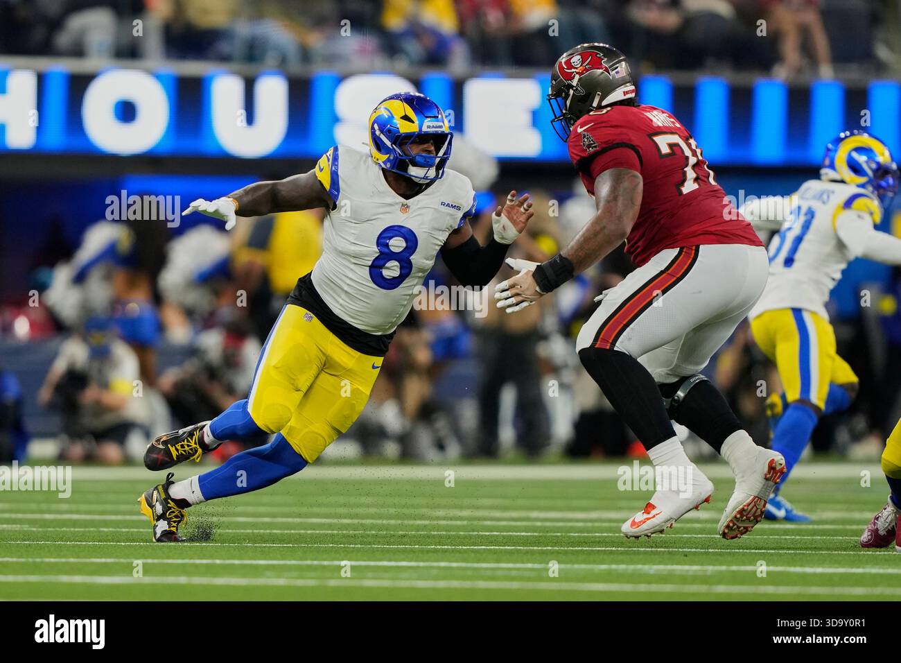 Los Angeles Rams linebacker Jared Verse (8) rushes against the Tampa ...