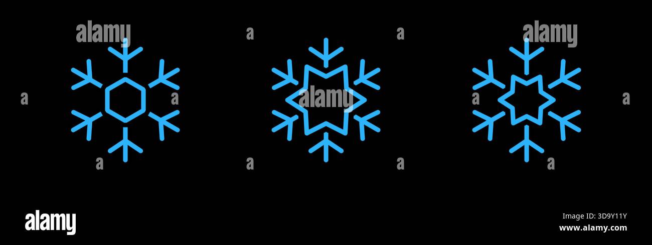 Blue snowflake icons on black background. Futuristic holiday clipart for Christmas and modern winter digital projects Stock Vector