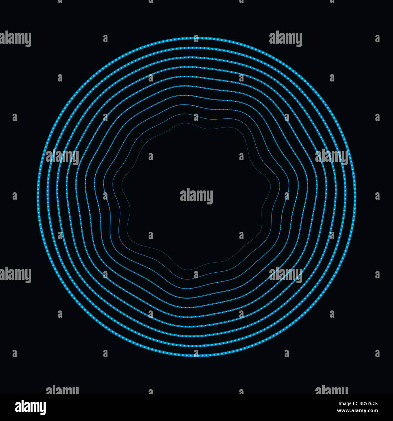 Blue concentric wavy lines and glowing spheres that makes a rounded abstract shape. Vector background for design Stock Vector