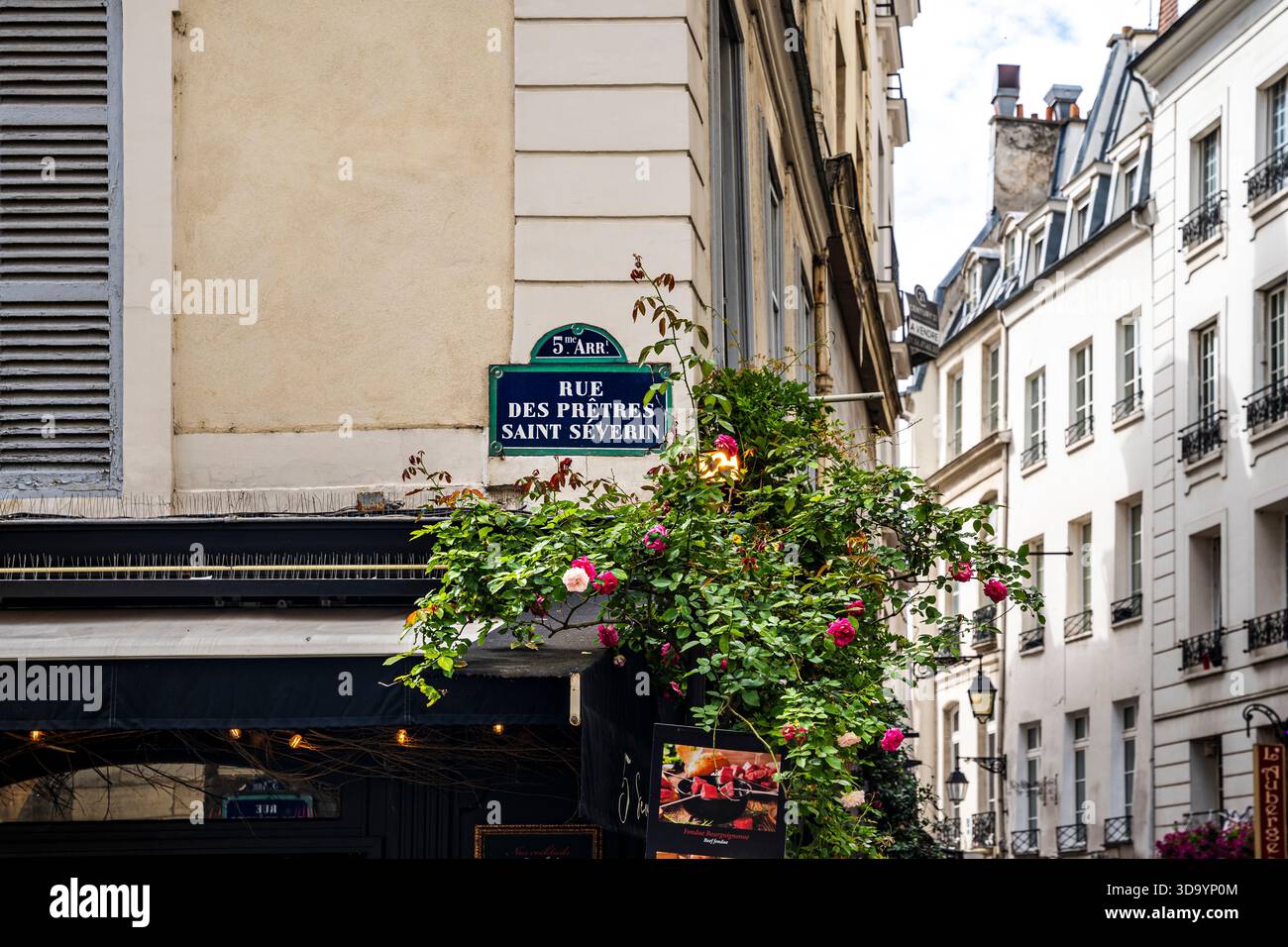 Floral corner along Rue des Pretres Saint Severin in the Latin Quarter, featuring a classic street sign in 5th arrondissement, Paris, France Stock Photo