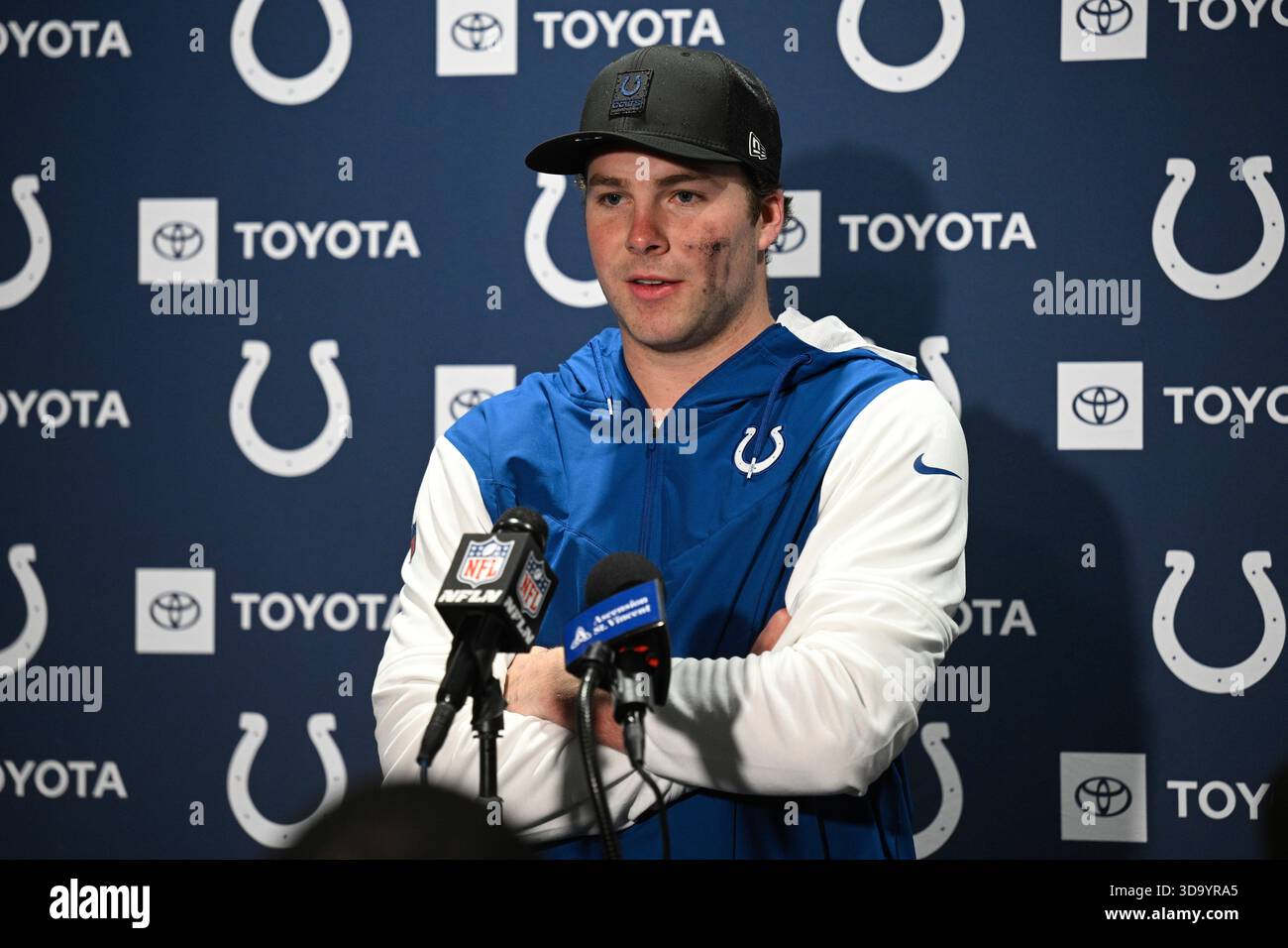 Indianapolis Colts quarterback Riley Leonard (15) speaks during a press ...