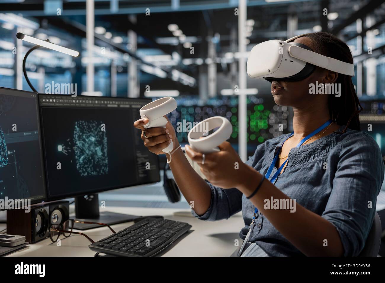 Data center admin using VR headset, analyzing software logs metrics, optimizing storage systems. Server farm IT expert inspecting resource utilization using virtual reality technology Stock Photo