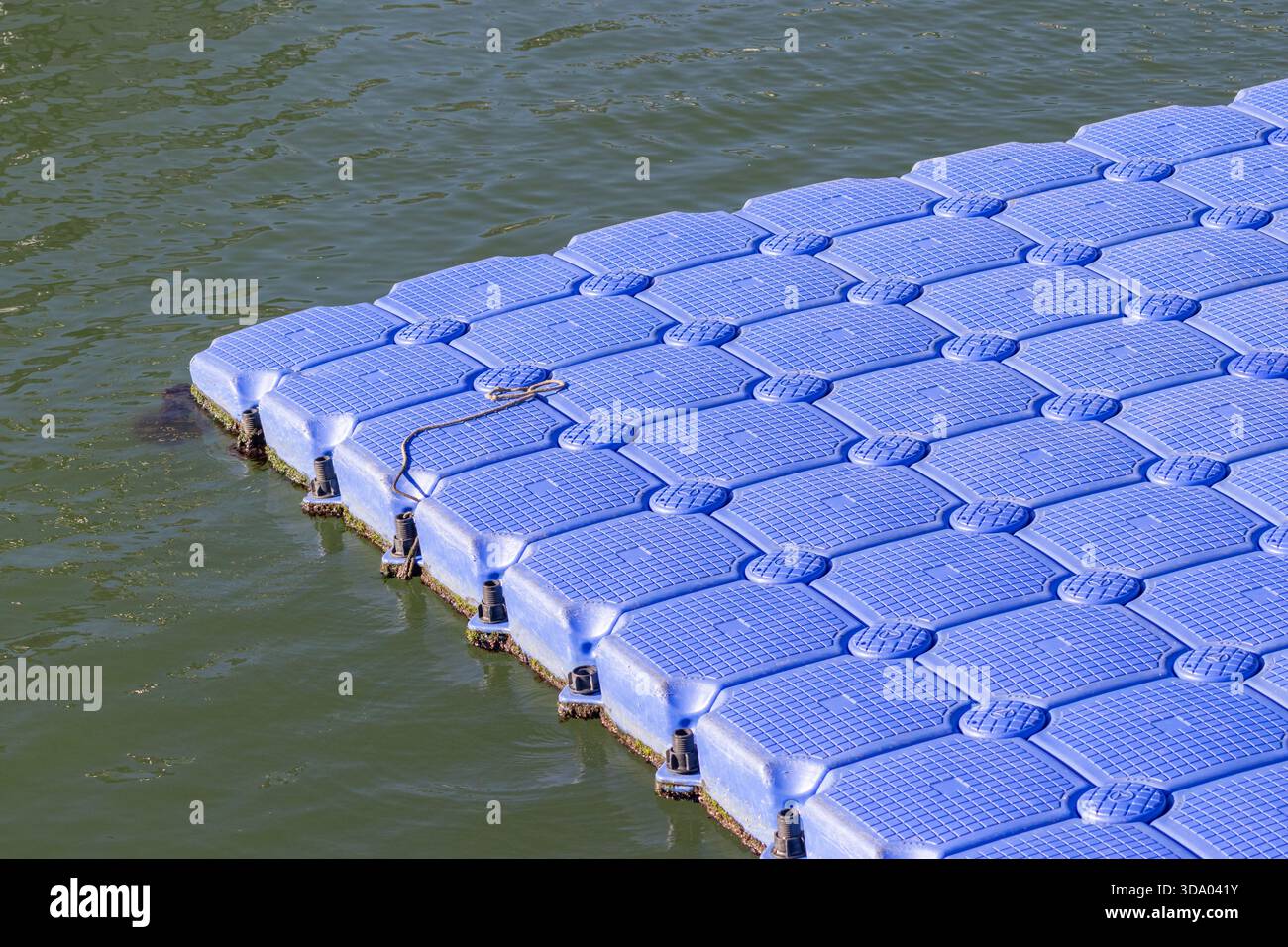 Bull Plastic Module Blue plastic floating dock modules forming a pontoon on green water ...