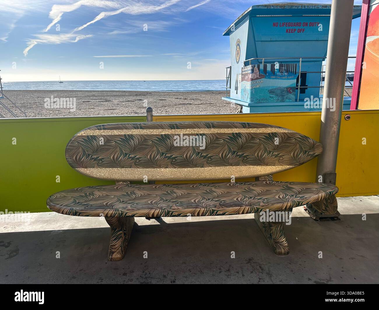 Reflective Surfboard Bench on Santa Cruz Beach - Smartphone Captured Stock Image