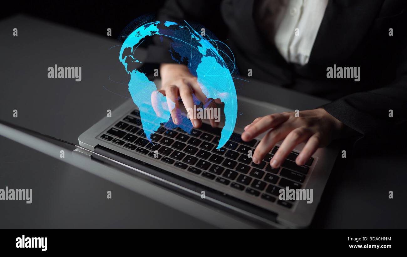 Global network connection visualization showing data exchange, digital link, worldwide communication. Global data flow and digital network Stock Photo