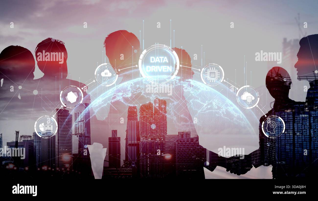Data-driven decision-making empowers business through analytics, datum collection, and AI systems. Data driven tools support cloud data processing and Stock Photo