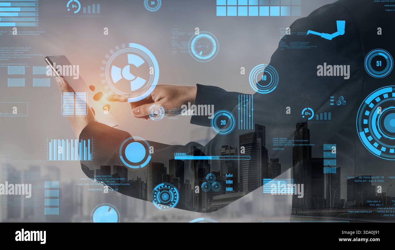 A business professional interacts with a smartphone displaying advanced data visualization in a bustling urban setting, showcasing modern Stock Photo