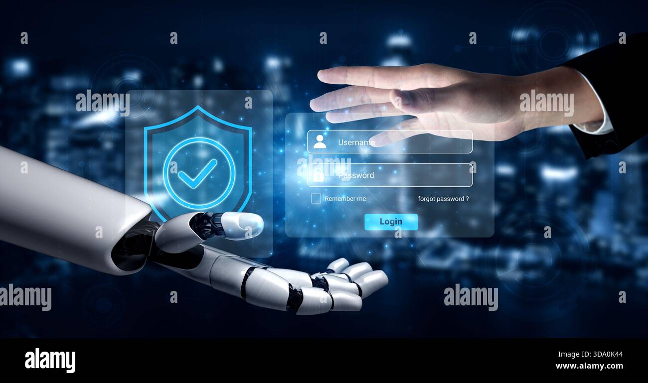 A captivating image showcasing the interaction between a human hand and a robotic hand, emphasizing secure login and advanced cybersecurity Stock Photo