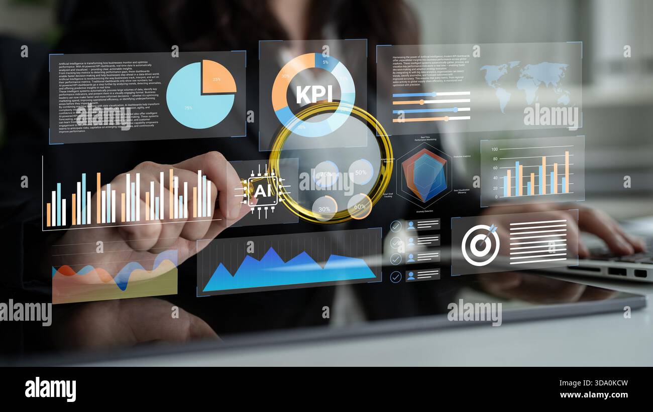 A businesswoman engages with advanced digital data visualization tools ...
