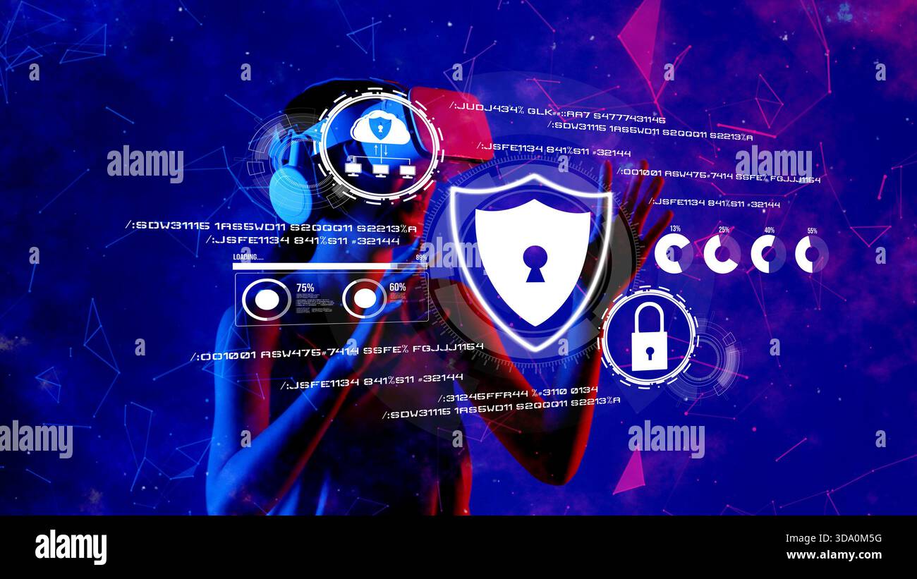 This captivating image showcases a cutting-edge approach to cybersecurity, featuring a digital shield symbolizing data protection amidst a vibrant Stock Photo